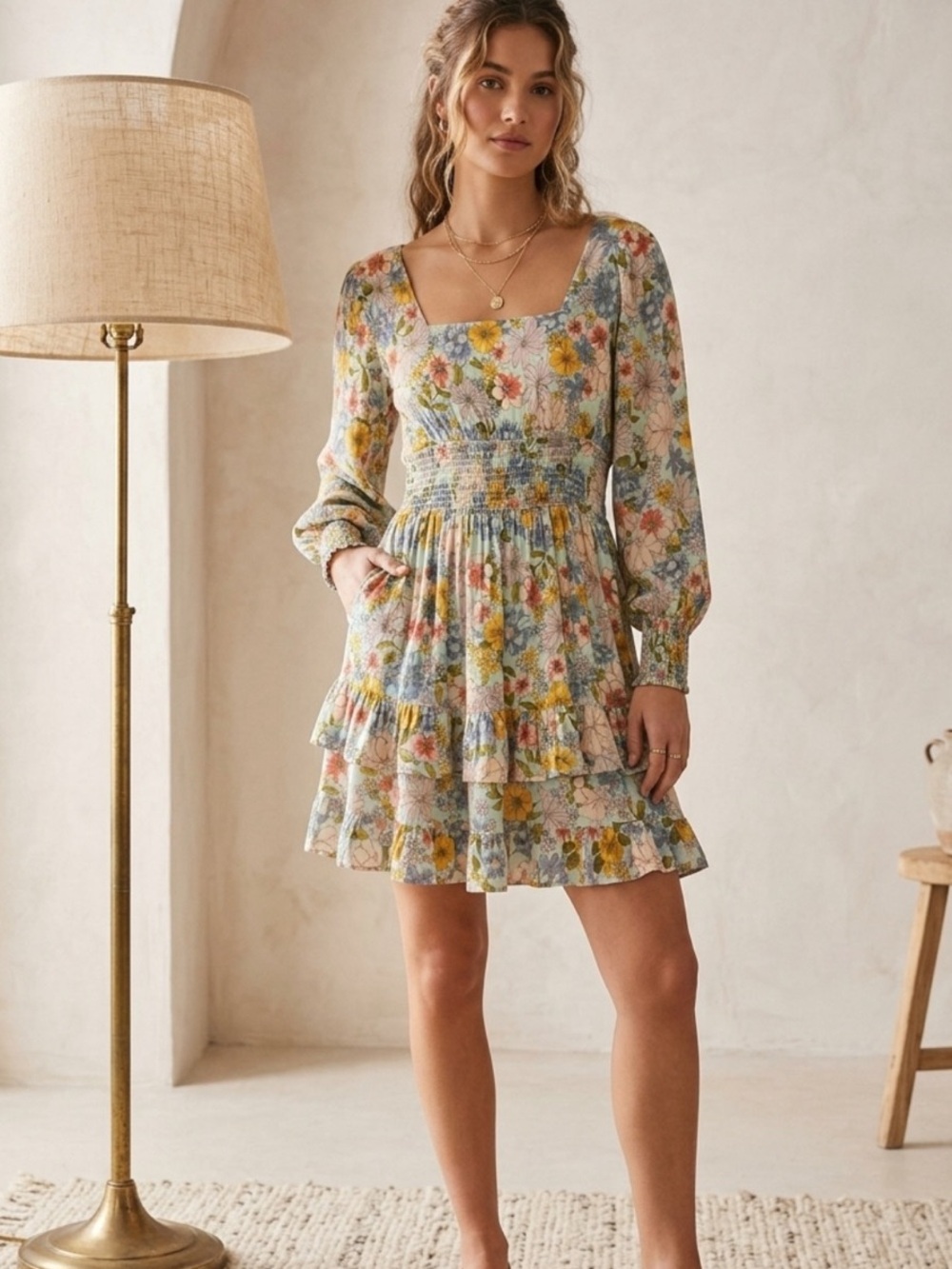 Angie Floral Long Sleeve Tiered Rayon Mini Dress in Multicolor Boho Floral NWT